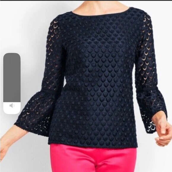 Talbots RSVP Navy Blue Eyelet Lace Bell Sleeve Top Blouse Size XS - Picture 9 of 9